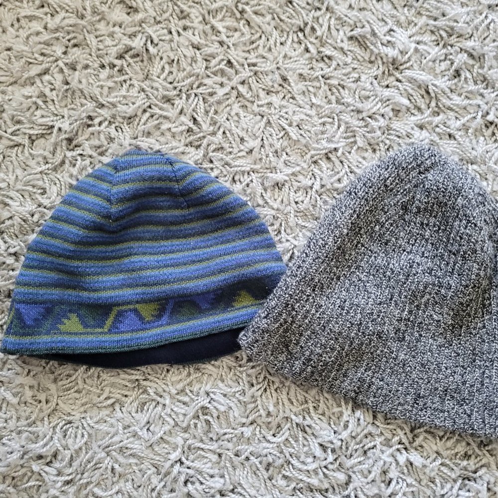 2 Beanies: Blue/Green and Brown/Gray
